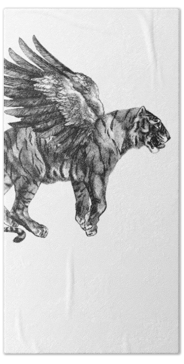 Tiger Hand Towel featuring the digital art Tiger with wings, black and white illustration by Madame Memento
