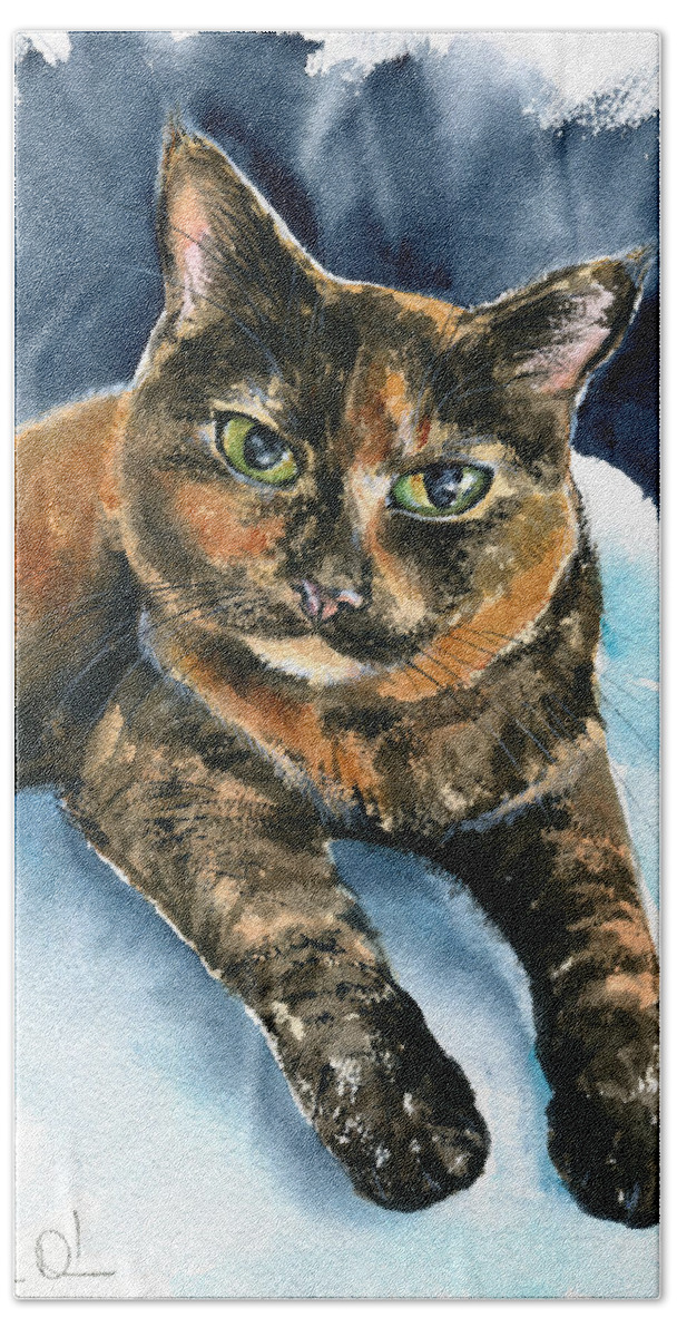 Cat Bath Towel featuring the painting Tilli The Tortie Queen by Dora Hathazi Mendes