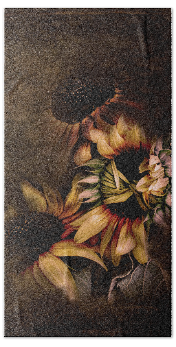 Sunflowers Bath Towel featuring the photograph Timid Sunflower Textured by Sally Bauer