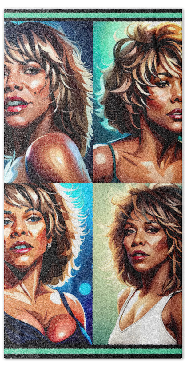 Tina Bath Towel featuring the digital art Tina Turner Queen of Rock'n Roll Montage by Floyd Snyder