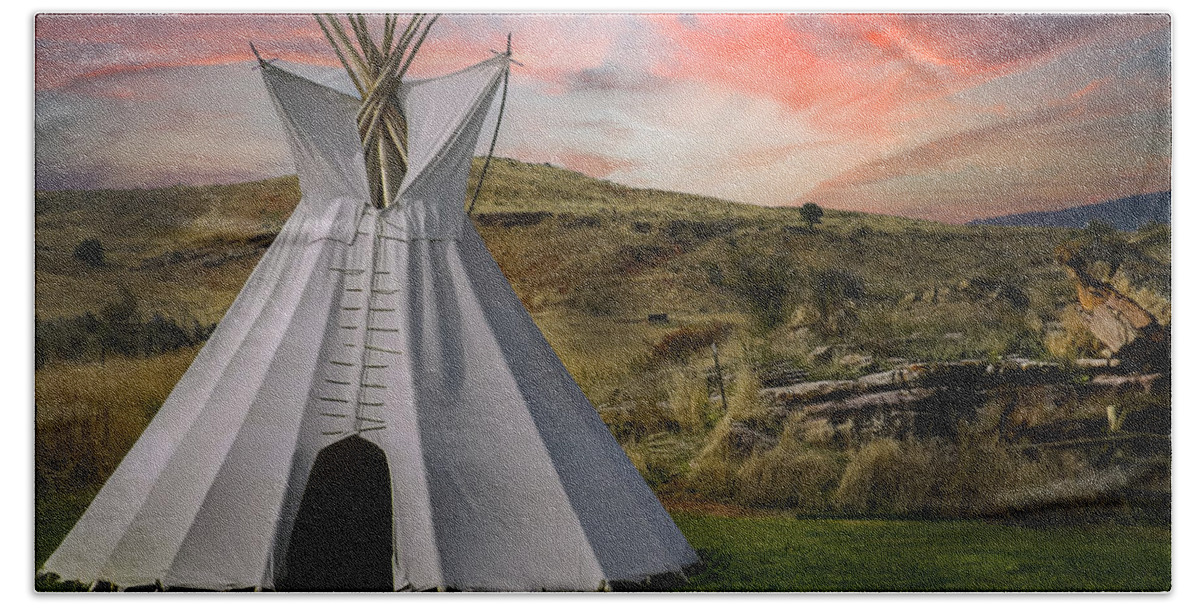 Native Temporary Housing Bath Towel featuring the photograph Tipi at Sunset by Laura Putman