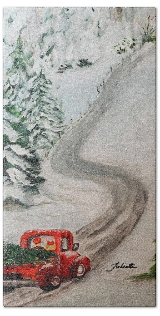 Red Truck Hand Towel featuring the painting To Grandmothers House We Go by Juliette Becker