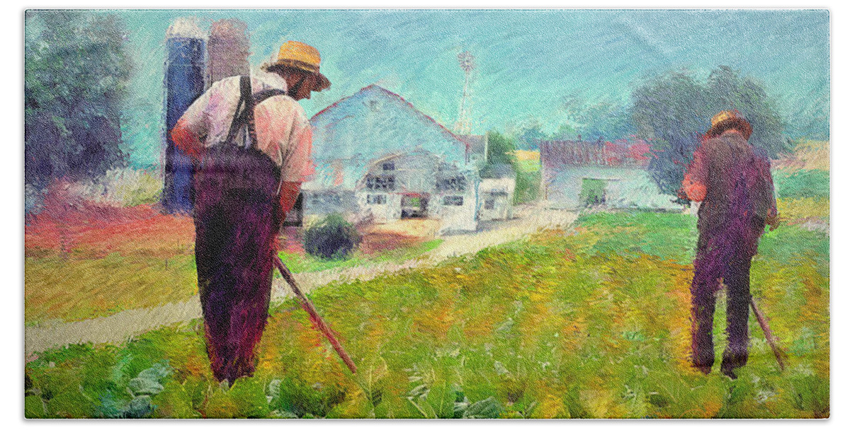 Amish Bath Towel featuring the painting Tobacco Farmers by Joel Smith