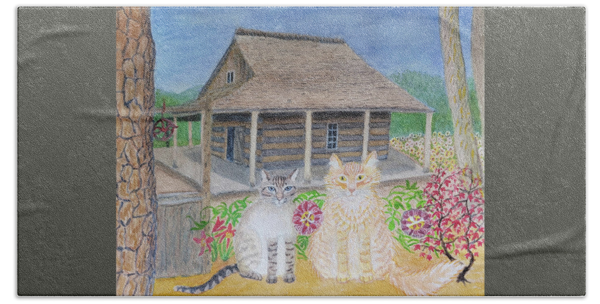Cats Bath Towel featuring the painting Tochka and Awimaweh at the San Antonio Botanical Garden by Vera Smith