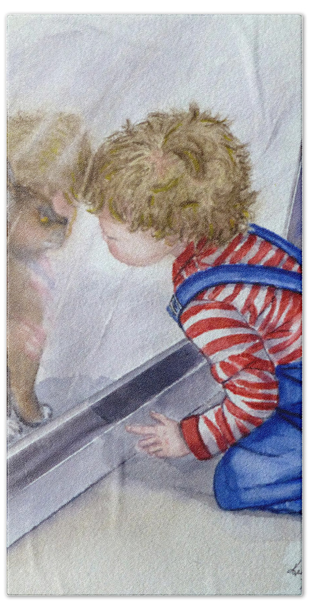 Kitty Bath Towel featuring the painting Toddlers Reflection by Kelly Mills
