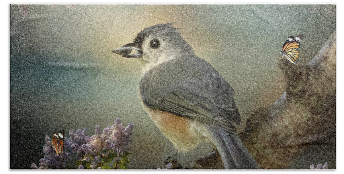 Birds Bath Towel featuring the digital art Tomas the Titmouse by Maggy Pease