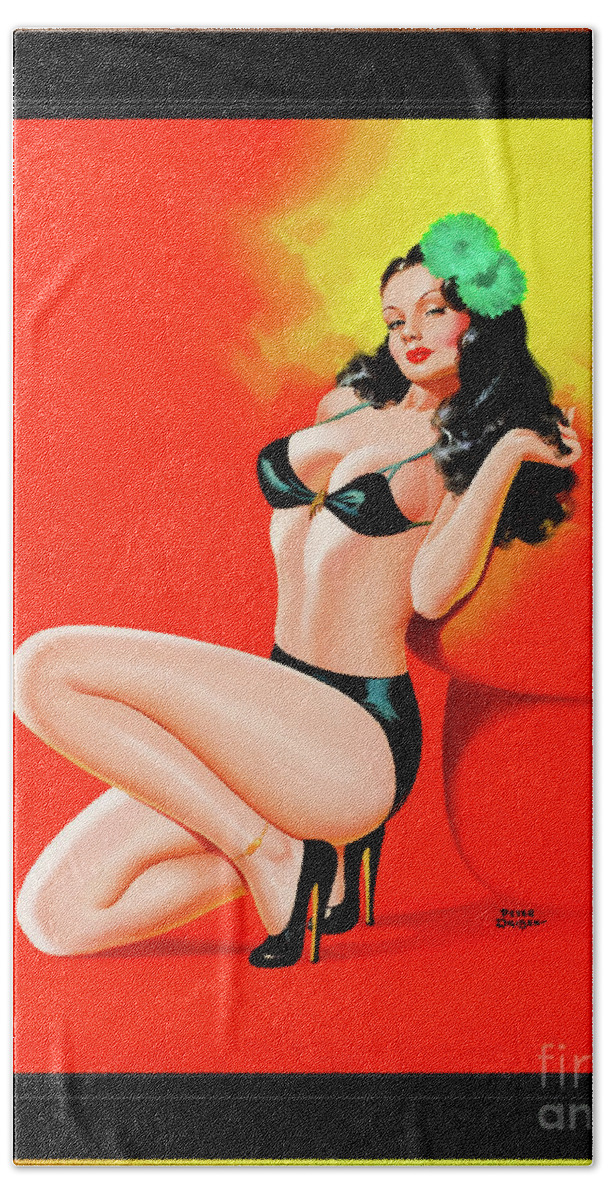 Too Hot To Touch Bath Towel featuring the painting Too Hot To Touch by Peter Driben Vintage Pin-Up Girl Art by Rolando Burbon