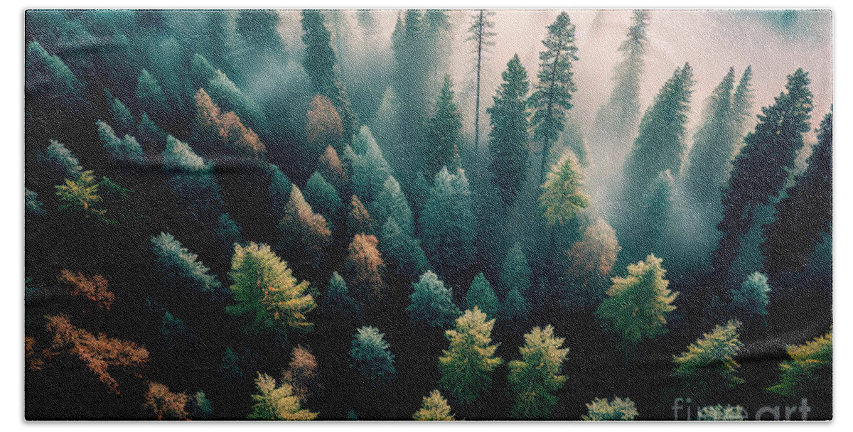 Pine Bath Towel featuring the photograph Top view of dark green forest landscape by Jelena Jovanovic