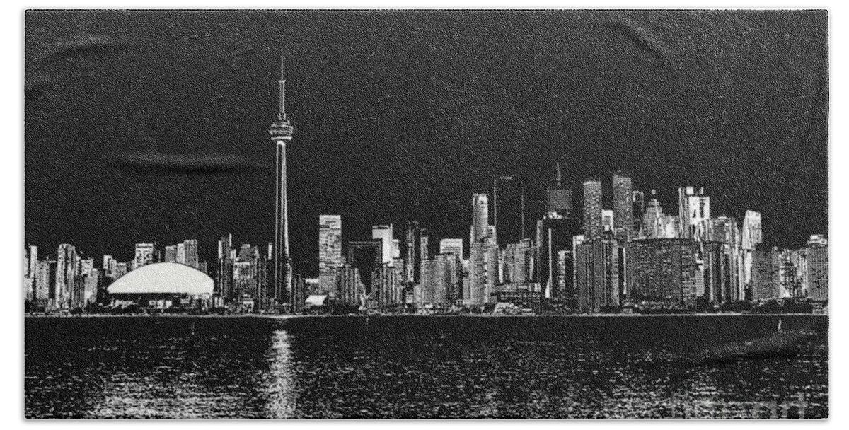 Toronto Bath Towel featuring the digital art Toronto Ontario Canada Black and white Skyline Photo 187 by Lucie Dumas