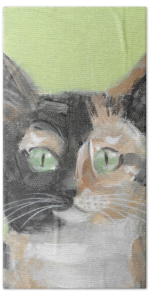 Tortie Cat Bath Towel featuring the painting Tortie Cat by Kazumi Whitemoon