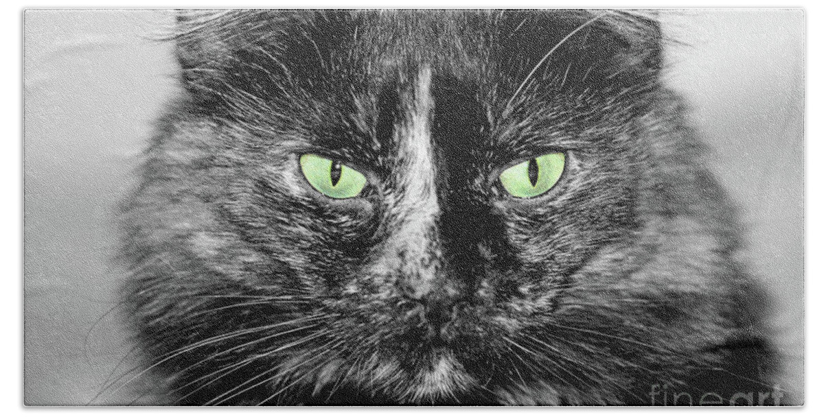 Cat; Torti; Tortoiseshell; Torti Cat; Tortoiseshell Cat; Stare; Eyes; Attitude; Catitude; Tortitude; Black And White; Green; Selective Color; Photography; Macro; Close-up; Portrait; Horizontal Bath Towel featuring the digital art Tortitude with Green Eyes by Tina Uihlein