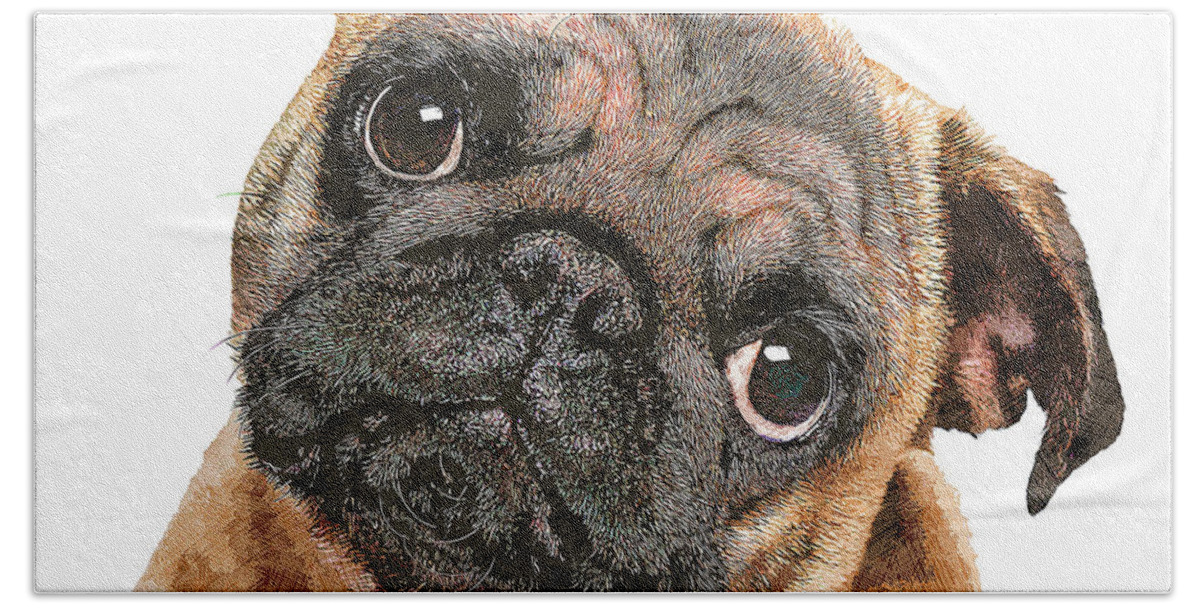 Pug Bath Towel featuring the painting Totes Adore, Young Pug Dog by Custom Pet Portrait Art Studio