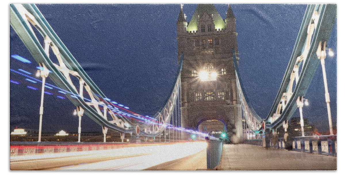 Sky Bath Towel featuring the photograph Tower bridge in midnight by Vaclav Sonnek