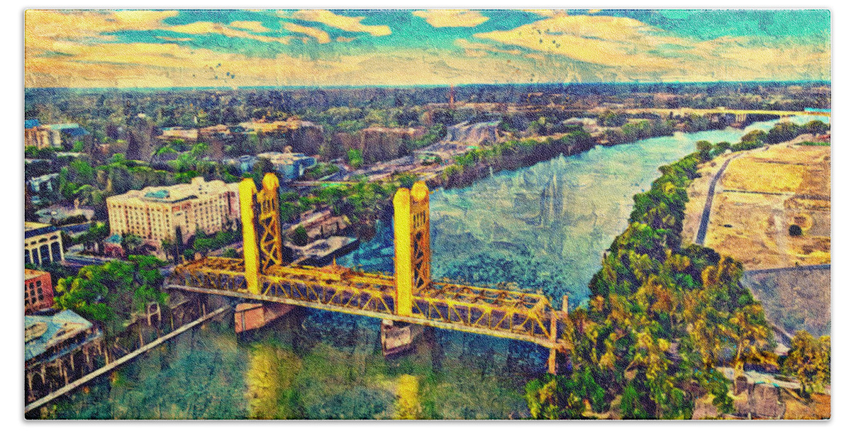 Tower Bridge Bath Towel featuring the digital art Tower Bridge over Sacramento River - digital painting by Nicko Prints