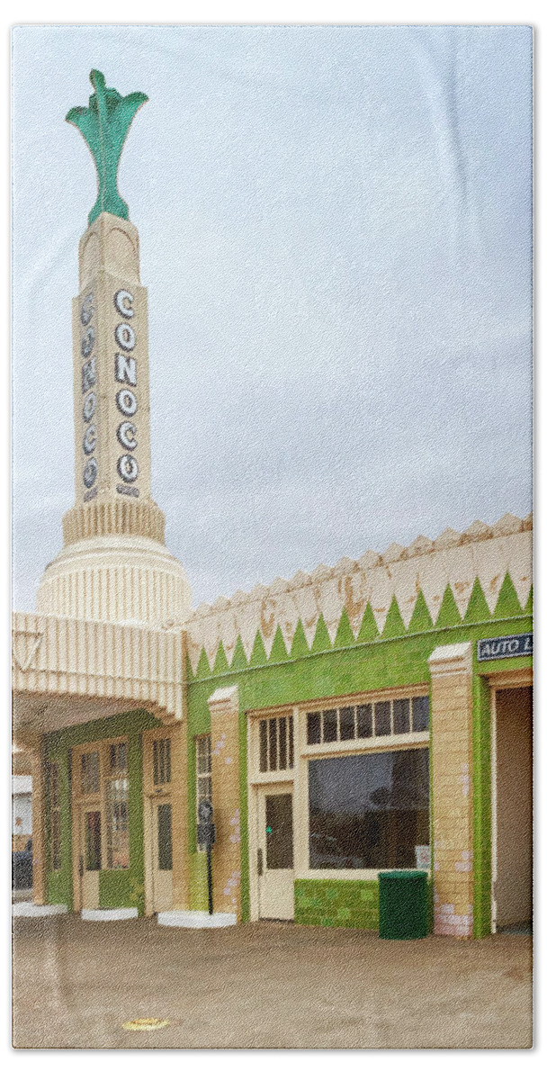 Conoco Tower Station Bath Towel featuring the photograph Tower Station - Route 66 - Shamrock Texas by Susan Rissi Tregoning