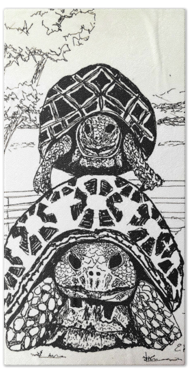 Pen Bath Towel featuring the drawing Towering turtles by Eileen Kelly