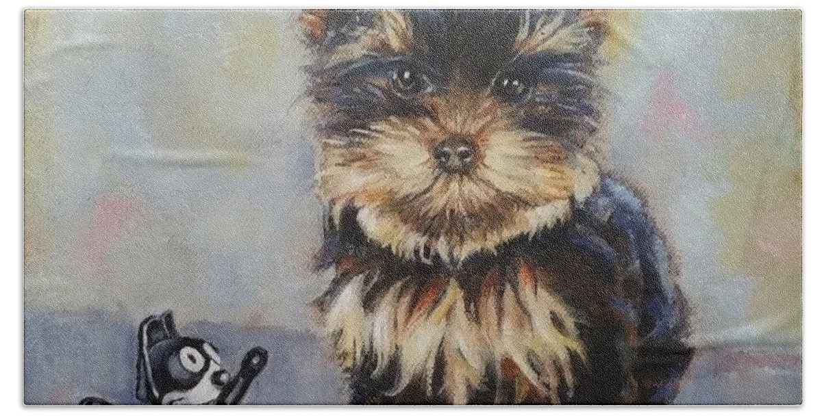 Yorkie Bath Towel featuring the painting Toy VS Toy by Jean Cormier