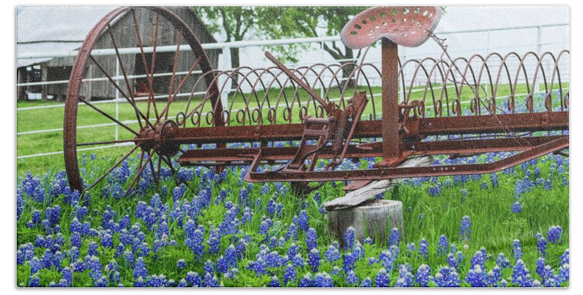 Bluebonnets Bath Towel featuring the photograph Tractor in Bluebonnets by Robert Bellomy