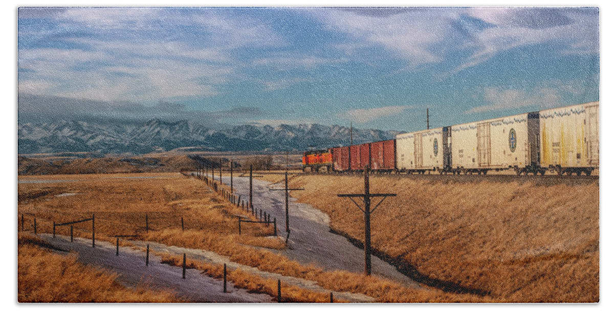 Big Timber Bath Towel featuring the photograph Train and Crazy Mountains at Big Timber, Montana by Mark Miller