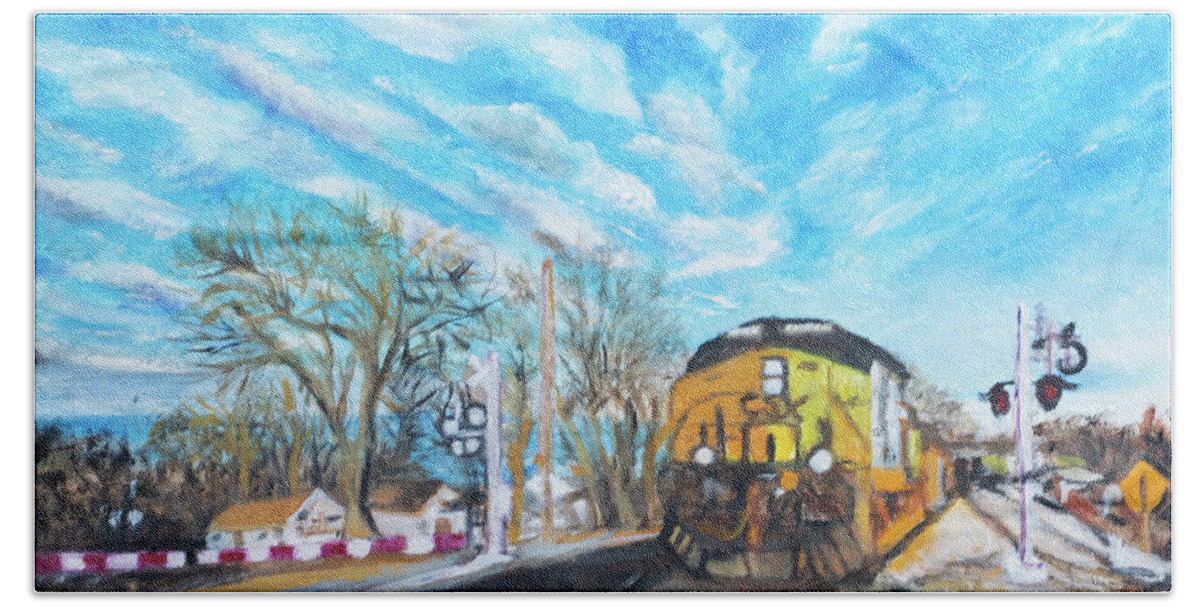 Trains Are Always Interesting And This One Is In Oils On Board Hand Towel featuring the painting Train in Acworth, Georgia by Kathy Knopp