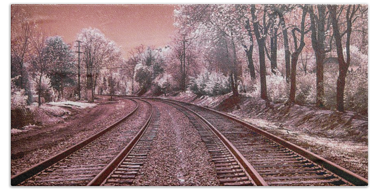 Infrared Bath Towel featuring the photograph Train Tracks in Culpeper - Infrared Sepia by Anthony M Davis