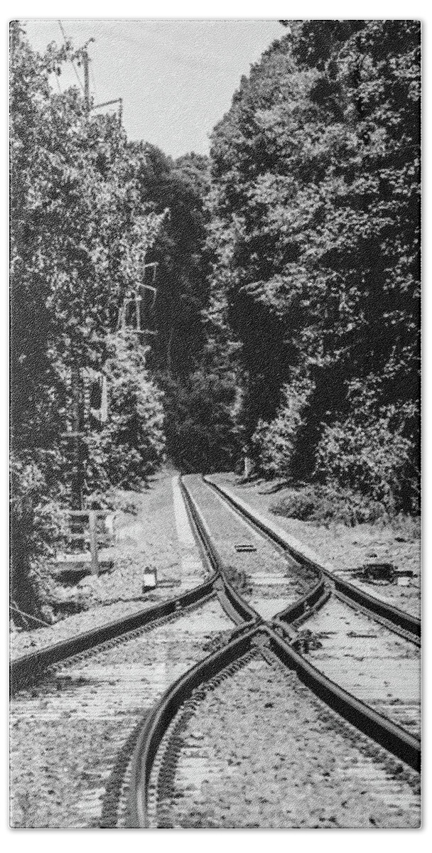 Train Tracks Rr Rail Road B&w Trees Hand Towel featuring the photograph Train Tracks1 by John Linnemeyer