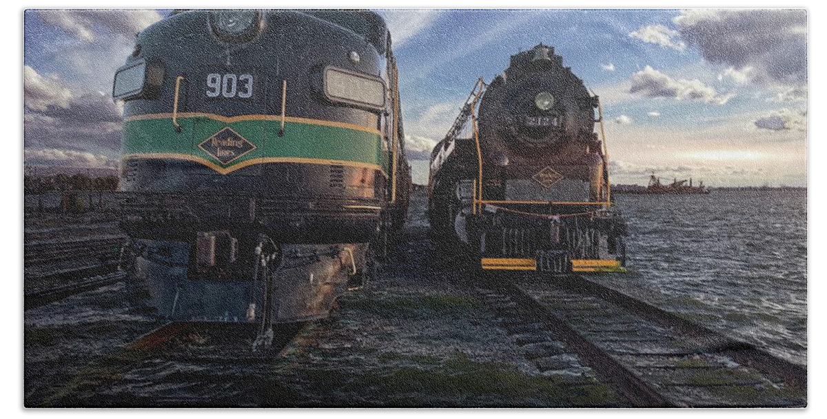 Train Hand Towel featuring the photograph Trains, Red Hook Waterfront in Brooklyn by Carol Whaley Addassi