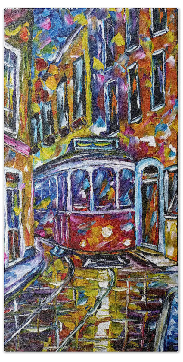 Lisboa Bath Towel featuring the painting Tram In Lisbon II by Mirek Kuzniar