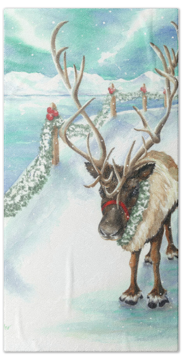 Reindeer Bath Towel featuring the painting Tranquil Trek by Lori Taylor
