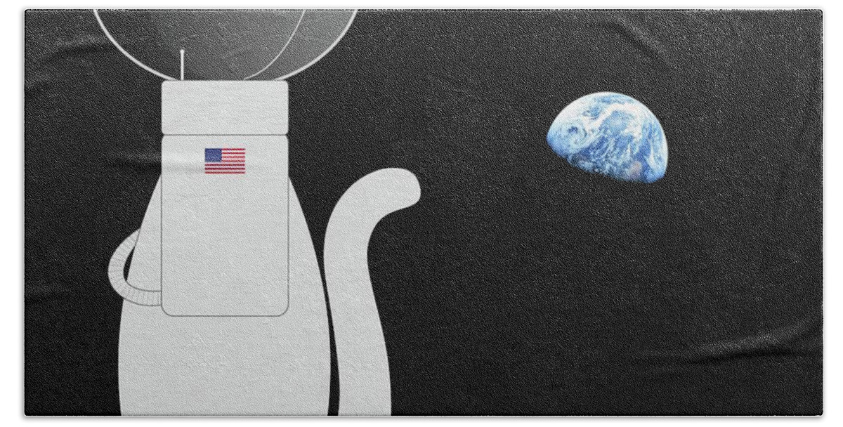 Cat On The Moon Bath Towel featuring the digital art Travel Cat on the Moon by Donna Mibus