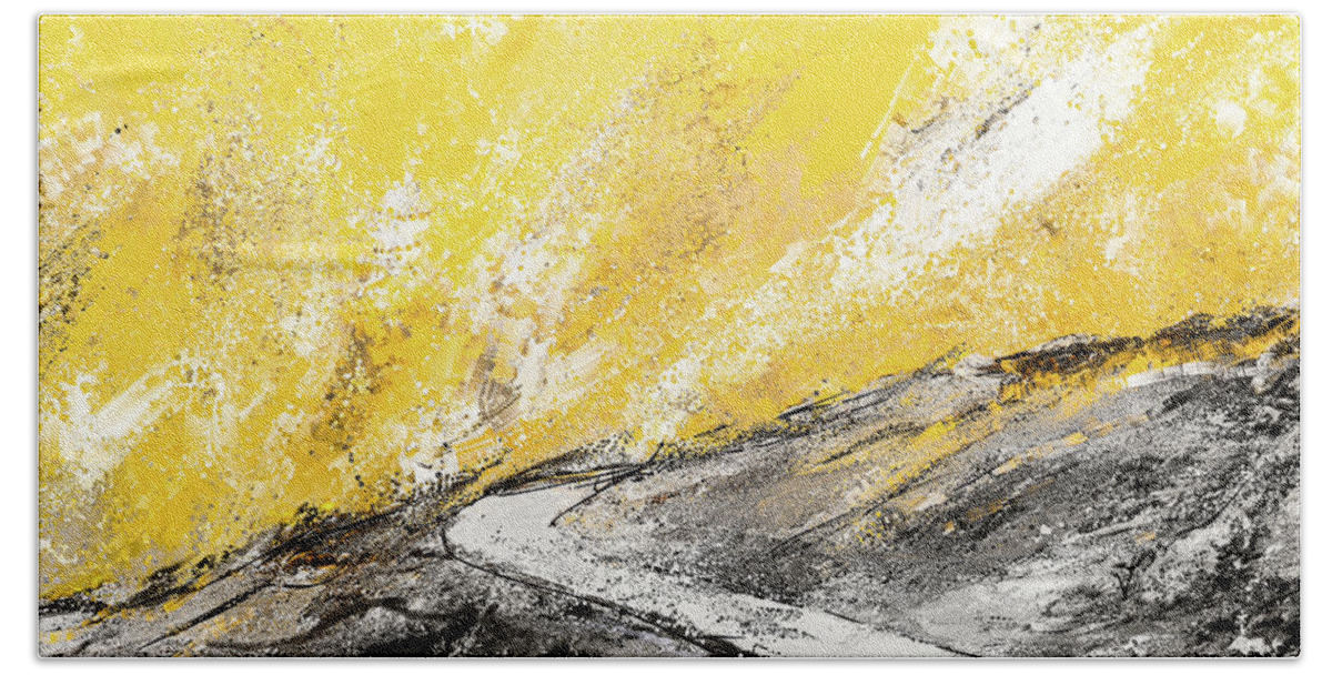 Yellow Bath Towel featuring the painting Travel Into The Sun - Yellow And Gray Art by Lourry Legarde