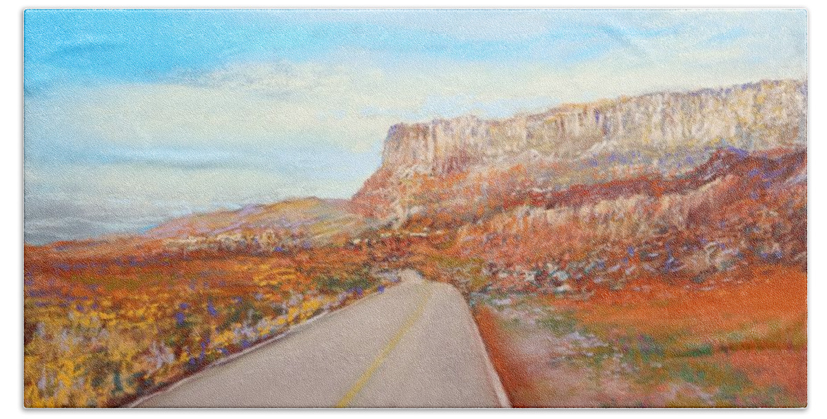 Road Hand Towel featuring the painting Traveling by M Diane Bonaparte