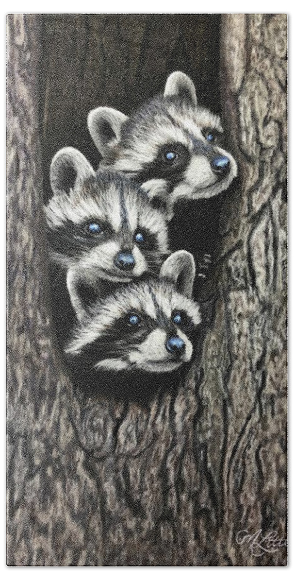 Baby Raccoons Hand Towel featuring the pastel Tree Bandits by Marlene Little