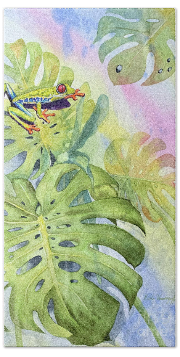 Frog Hand Towel featuring the painting Tree Frog on Monstera Leaf by Hilda Vandergriff