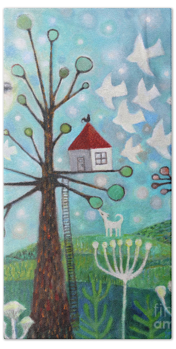 Treehouse Hand Towel featuring the painting Tree house by Manami Lingerfelt