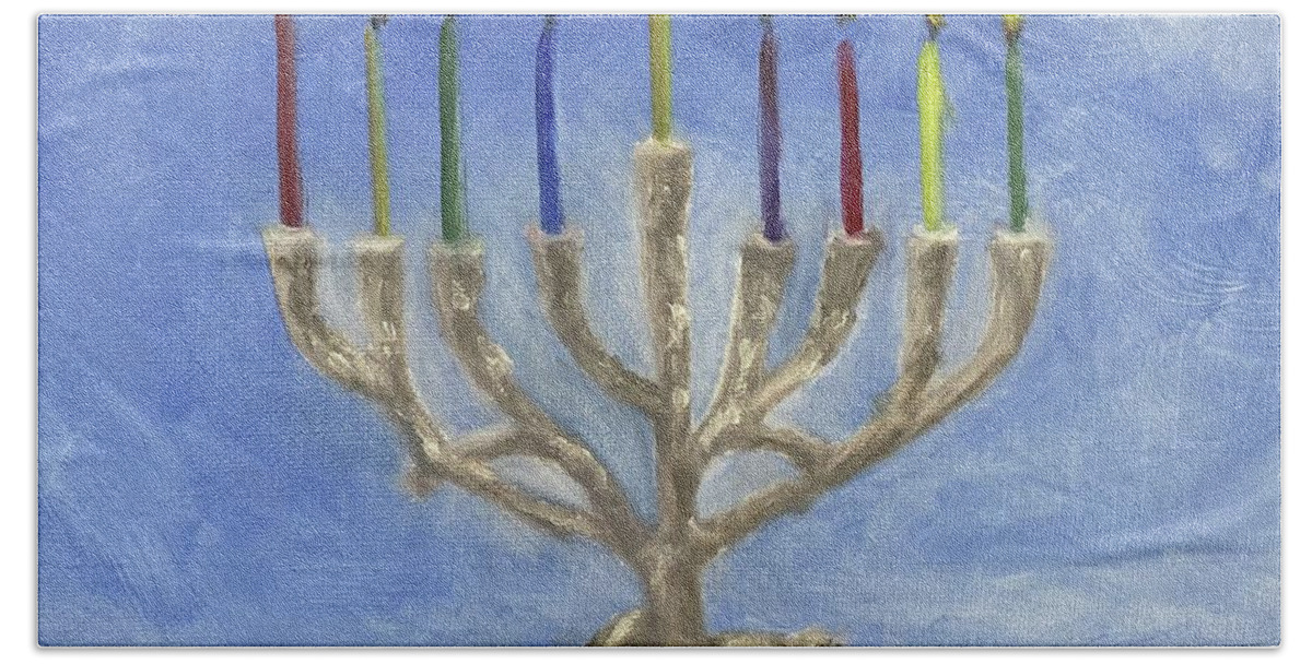 Chanukah Hand Towel featuring the painting Tree of Life Menorah by Sheila Mashaw