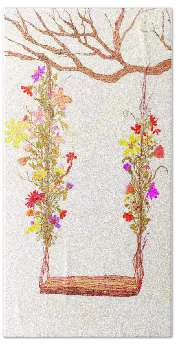 Tree Swing Hand Towel featuring the digital art Tree Swing Floral Decor in Shades of Pink by Patricia Awapara