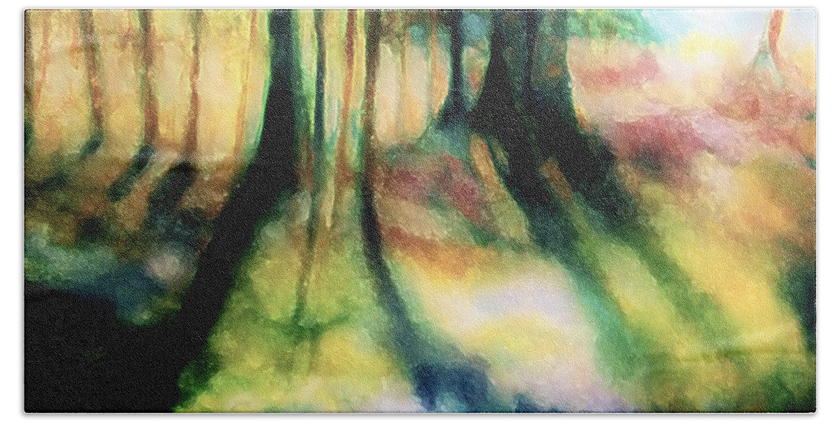  Hand Towel featuring the pastel Trees and Shadows by Shirley Moravec