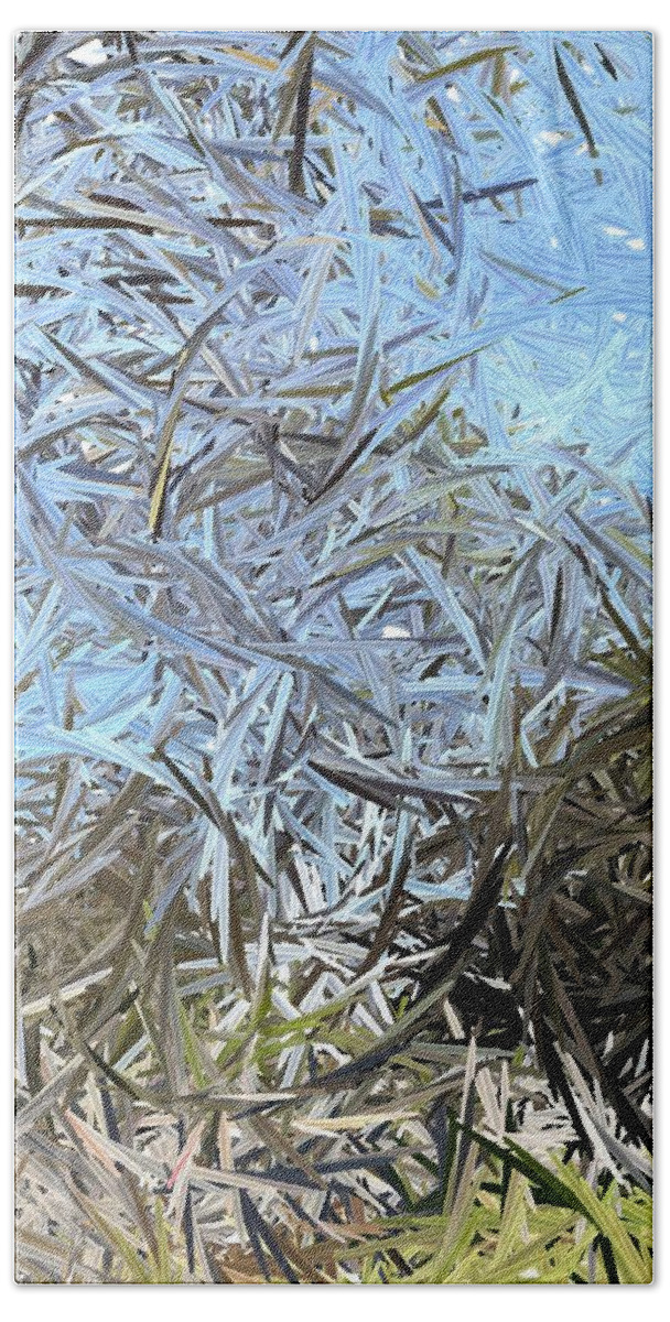 Abstract Trees Blue Sky Brown Ground Branches Green Leaves Bath Towel featuring the digital art Trees by Kathleen Boyles