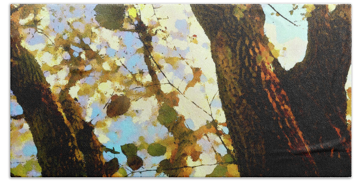 Treetop Bath Towel featuring the mixed media Treetop Abstract-Look up a Tree by Shelli Fitzpatrick