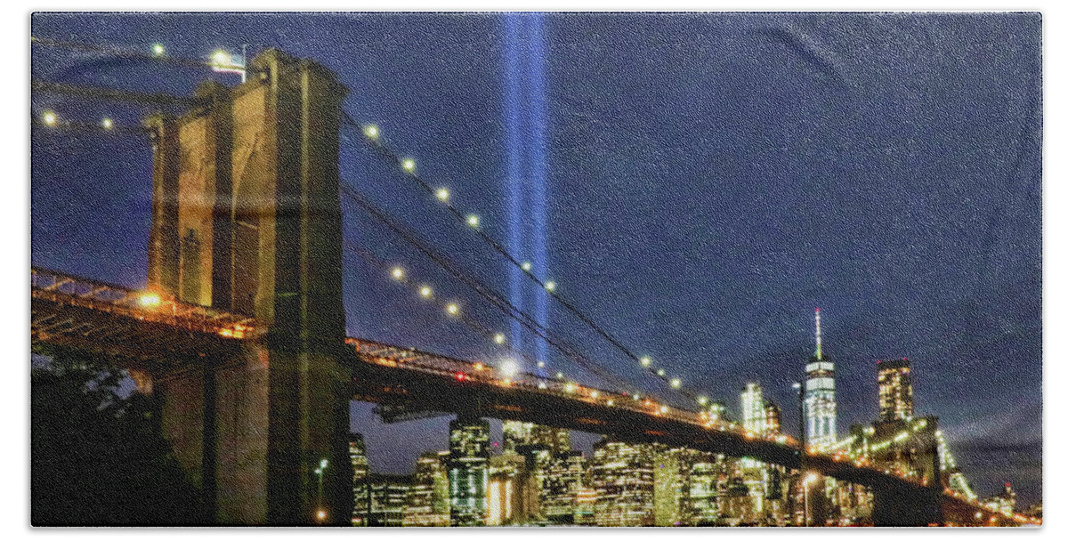 Tribute In Light Bath Towel featuring the photograph Tribute in Light # 1 by Allen Beatty