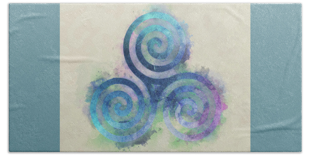 Celtic Bath Towel featuring the painting Triskele, celtic triple spiral watercolor by Delphimages Photo Creations