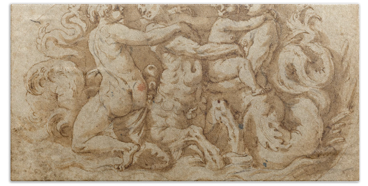 Attributed To Pellegrino Tibaldi Bath Towel featuring the drawing Tritons and Nymphs by Attributed to Pellegrino Tibaldi