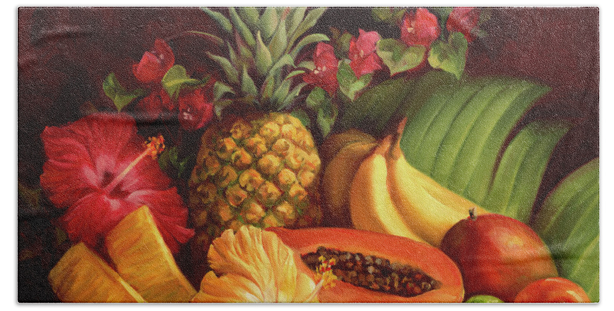 Tropical Hand Towel featuring the painting Tropical Fruit Pineapple and Hibiscus by Laurie Snow Hein