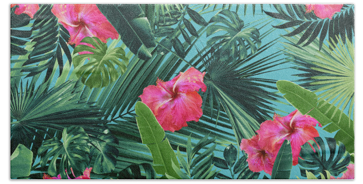 Collage Hand Towel featuring the mixed media Tropical Hibiscus Flower Jungle Pattern #1 #tropical #decor #art by Anitas and Bellas Art