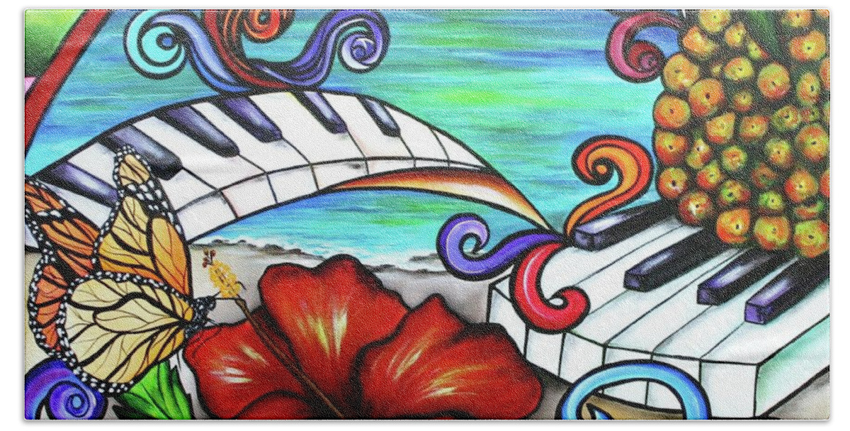Beach Bath Sheet featuring the painting Tropical Melody by Annie Maxwell