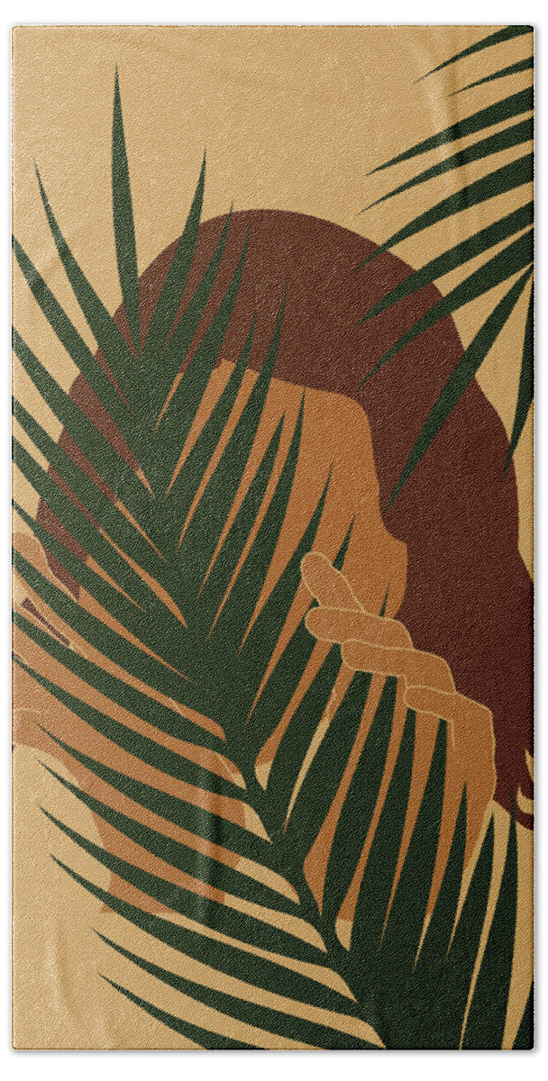 Tropical Reverie Hand Towel featuring the mixed media Tropical Reverie - Modern Minimal Illustration 03 - Girl with palm leaf - Tropical Aesthetic - Brown by Studio Grafiikka