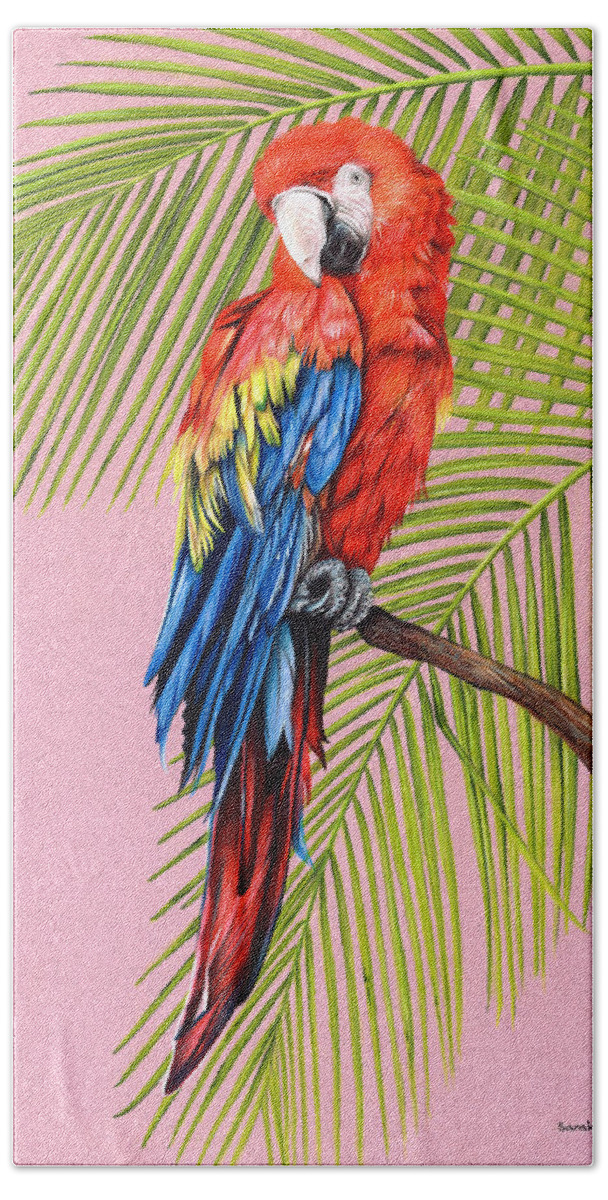 Macaw Bath Towel featuring the drawing Tropical Scarlet Macaw by Sarah Stribbling
