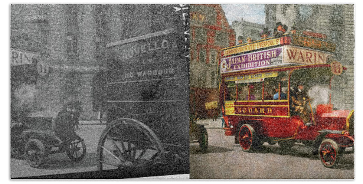London Bath Towel featuring the photograph Truck - Bus - The London motor bus 1915 - Side by Side by Mike Savad