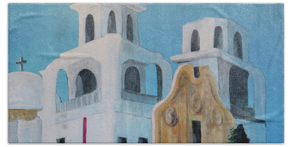 Tucson Hand Towel featuring the painting Tucson Church Two by Ted Clifton